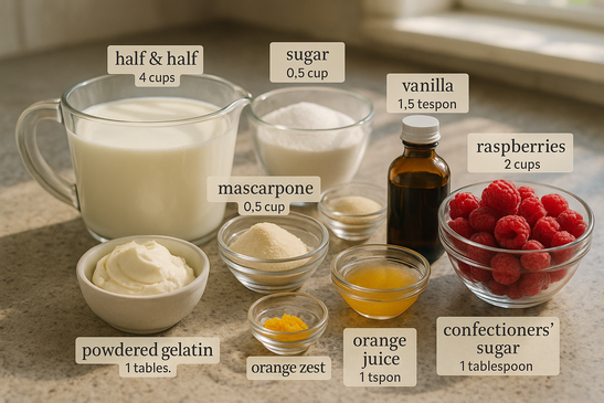 Ingredients for Panna Cotta with Raspberry and Orange Sauce