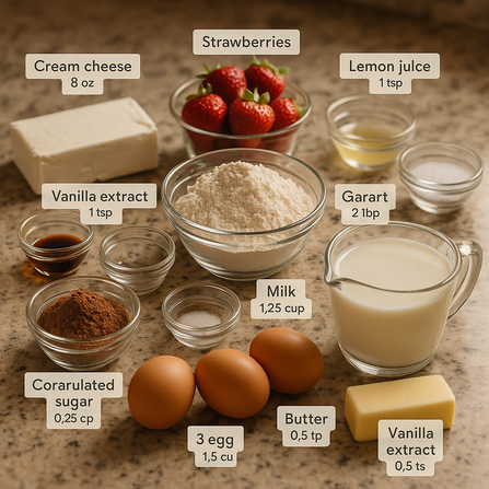 Ingredients for Chocolate Crepes on a marble countertop