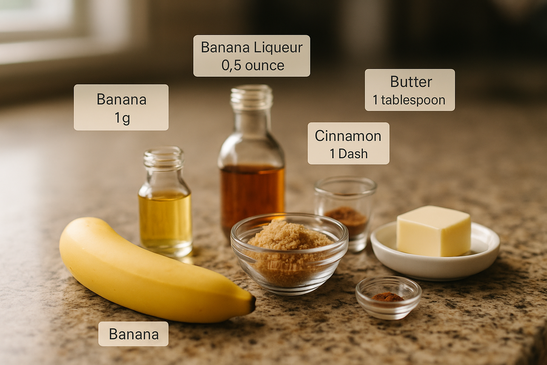 Ingredients for Bananas Foster: butter, sugar, bananas, cinnamon, banana liqueur, rum