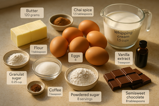 Flourless Chocolate Cake ingredients laid out on a marble countertop
